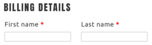 Screenshot of fields from WooCommerce with only a red * to indicate the field is required