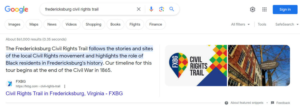 Google featured snippet for Fredericksburg Civil Rights Trail landing page