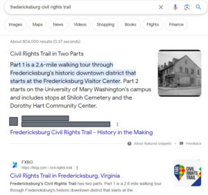 Google search results page for "fredericksburg civil rights trail"