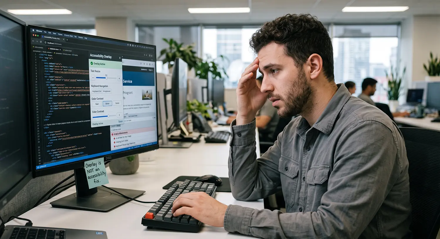 a man looking at a computer screen with a distressed look on his face. there's a sticky note that says overlay is not an accessibility fix