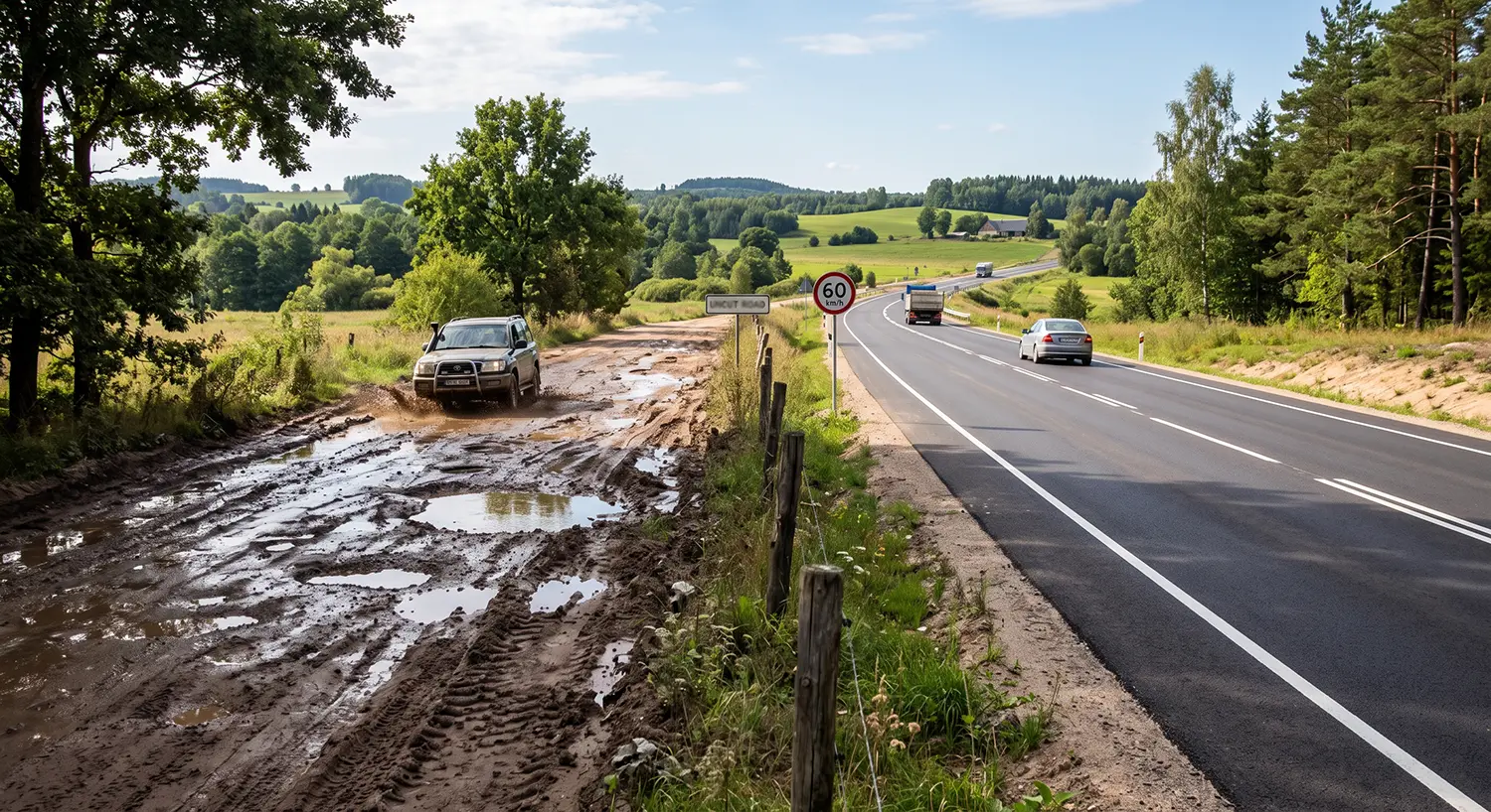two roads - one is muddy with potholes, the other is well-paved