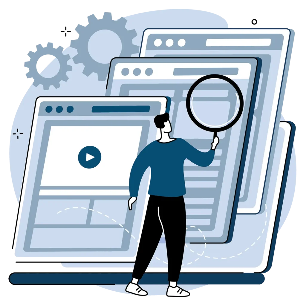 illustration of a man holding a magnifying glass up to web page layouts