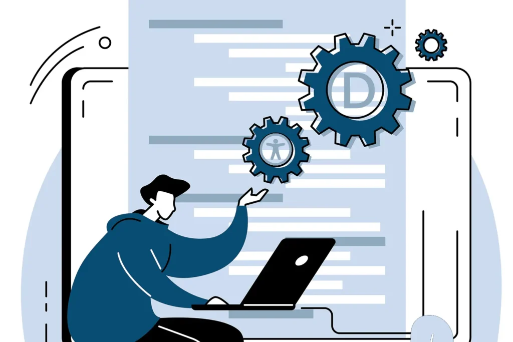 illustration of person working on laptop with cog wheels above them
