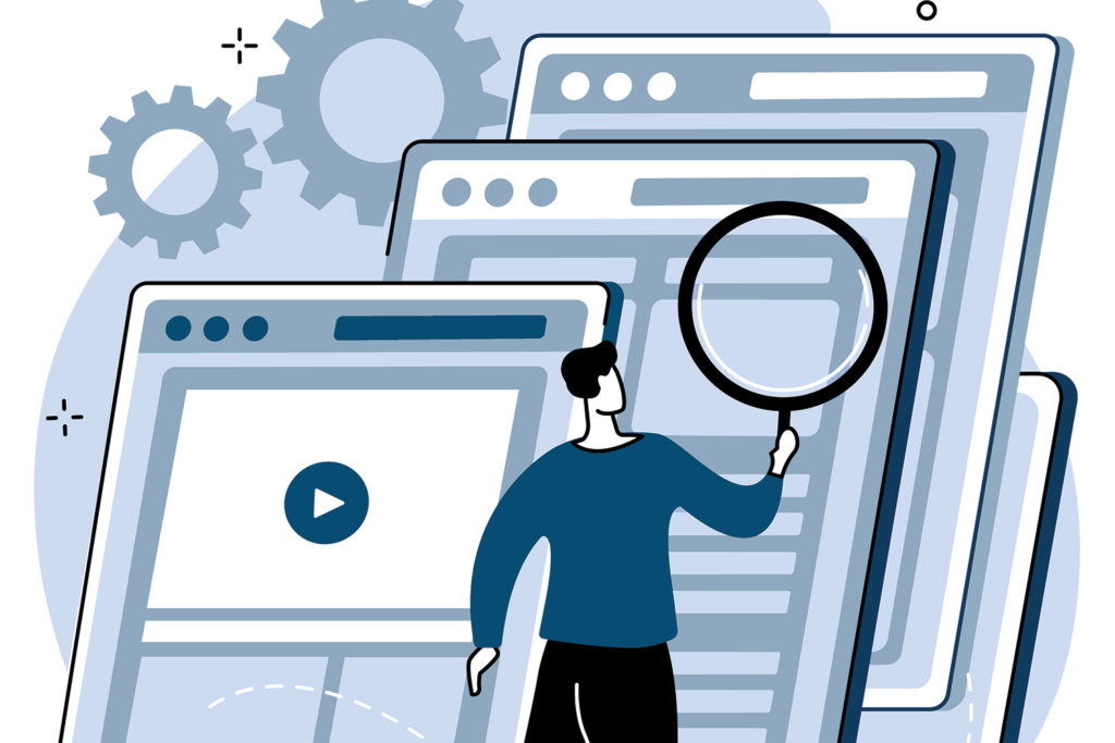 illustration of a man holding a magnifying glass up to web page layouts