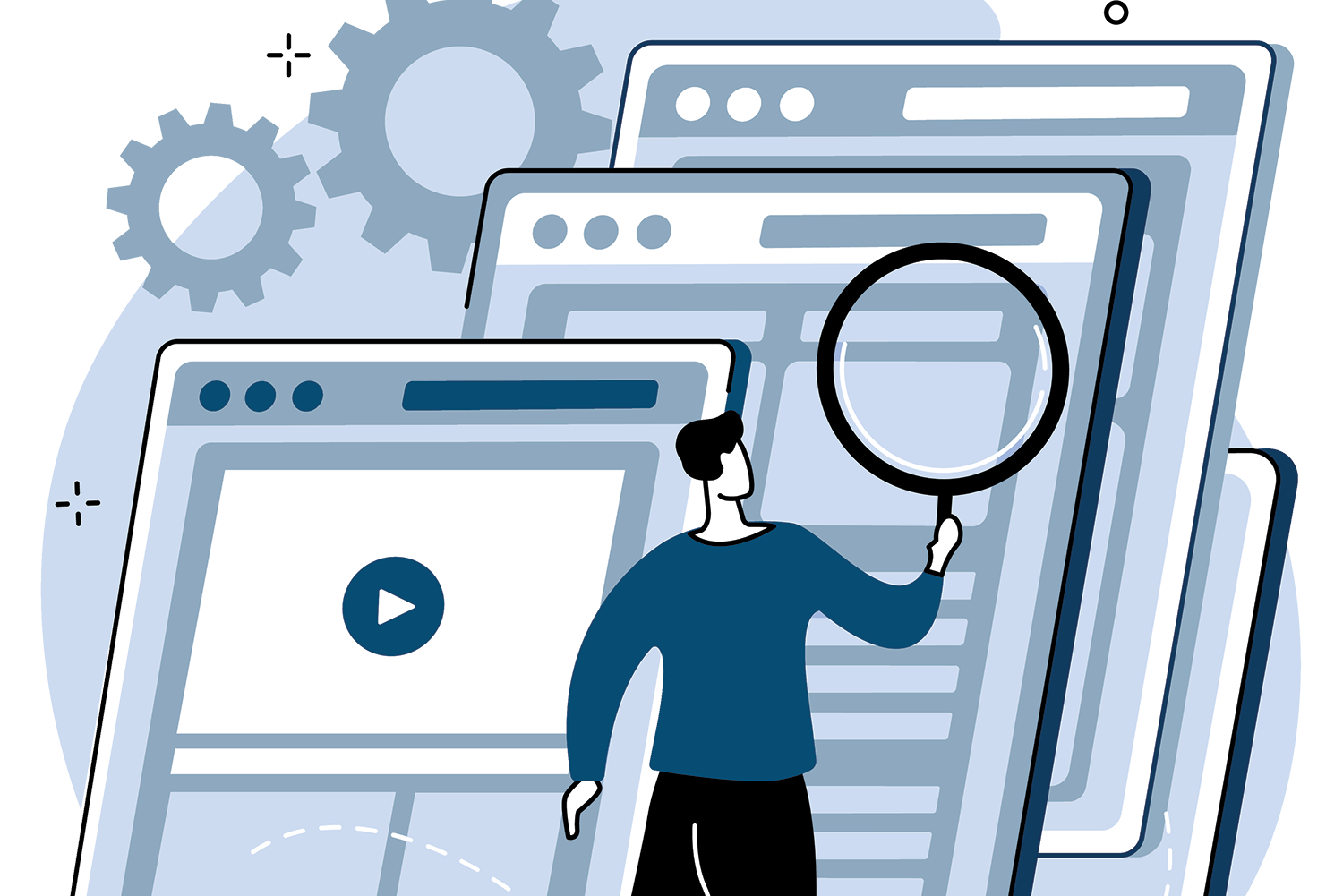 illustration of a man holding a magnifying glass up to web page layouts