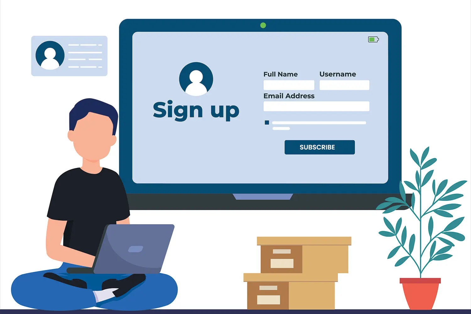 illustration of person sitting cross-legged with a laptop that has a signup form on the screen