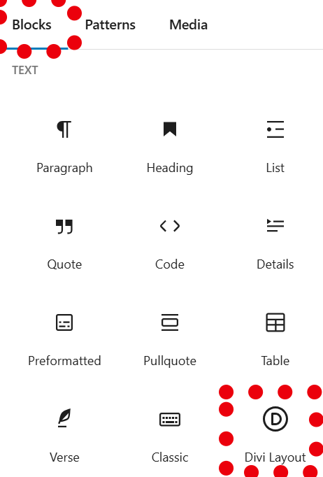 list of available blocks with Divi Layout circled