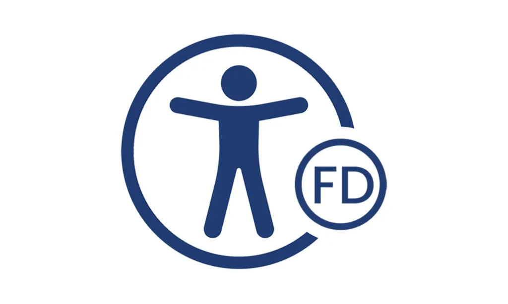Circular accessibility icon with the letters FD in a smaller circle