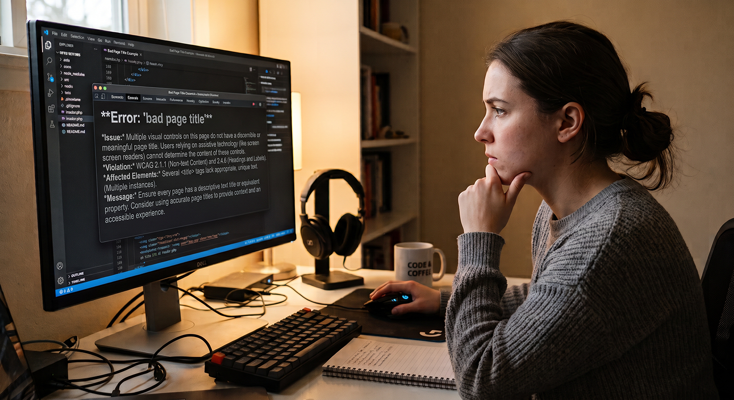 web developer looking at a screen displaying the error message "Bad Page Title".