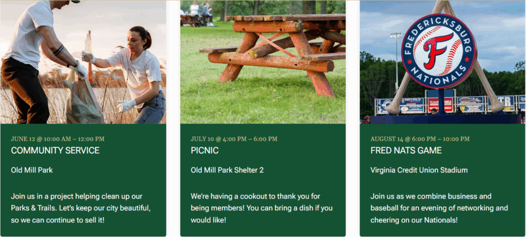 Upcoming events on new FRHTN website with images and event details