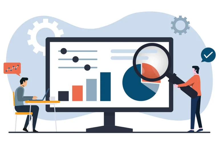 illustration of two workers looking at graphs
