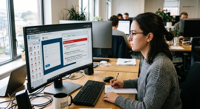 a woman looking at a website accessibility report where there are multiple errors including missing landmarks, missing skip to contact link and required form fields that are not labeled as required