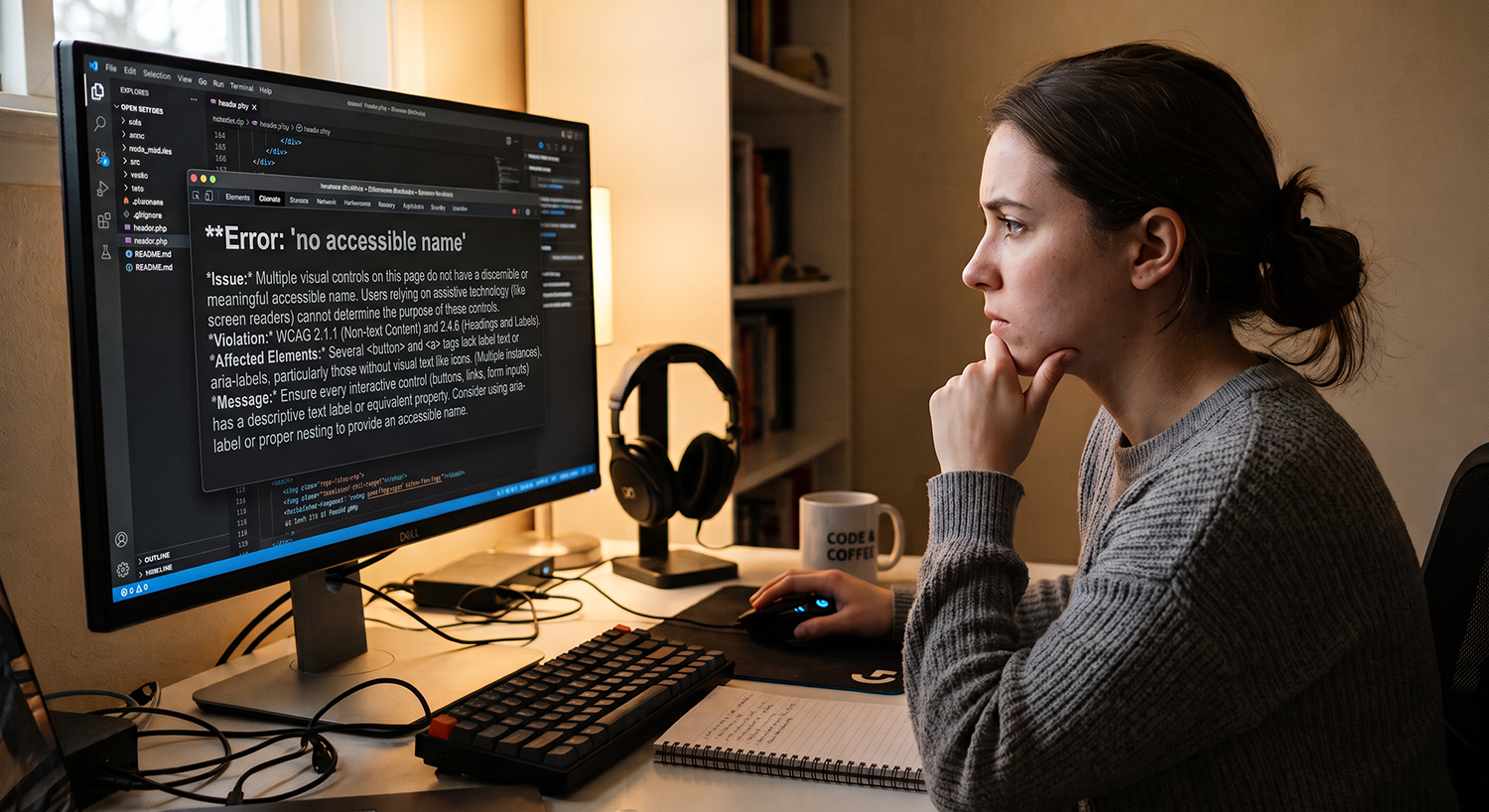 web developer looking at a screen displaying the error message "No Accessible Name".