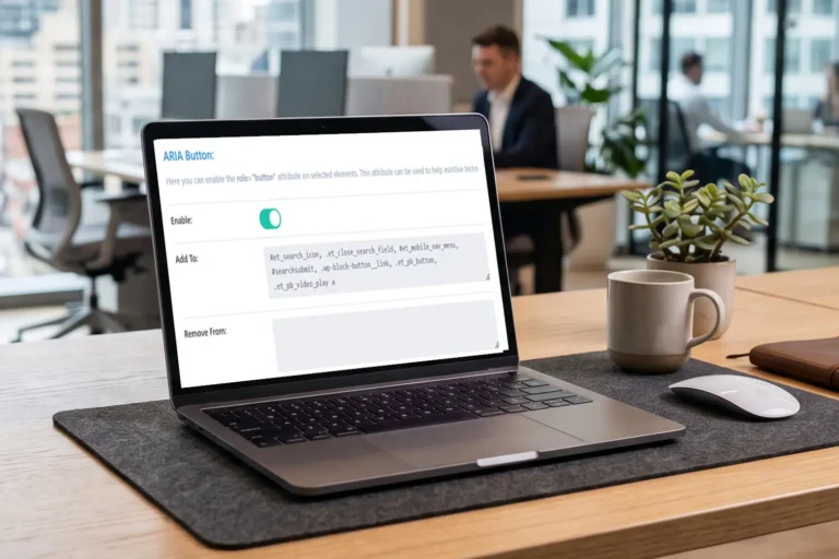 a laptop on a desk with the Divi Attributes UI on the screen