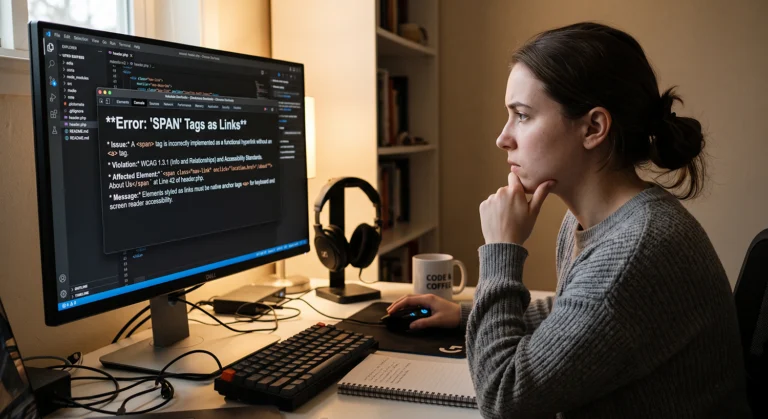 web developer looking at a screen displaying the error message "SPAN tag as a link".