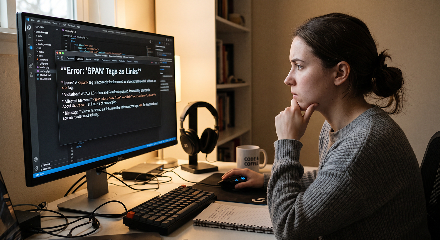 web developer looking at a screen displaying the error message "SPAN tag as a link".