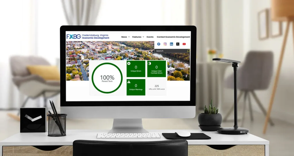 computer screen showing Fredericksburg Economic Development News site and a graph showing 100% tests passed