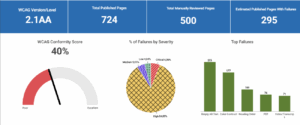 audit dashboard showing  WCAG conformity score, percentage of WCAG failures by severity and top WCAG failures