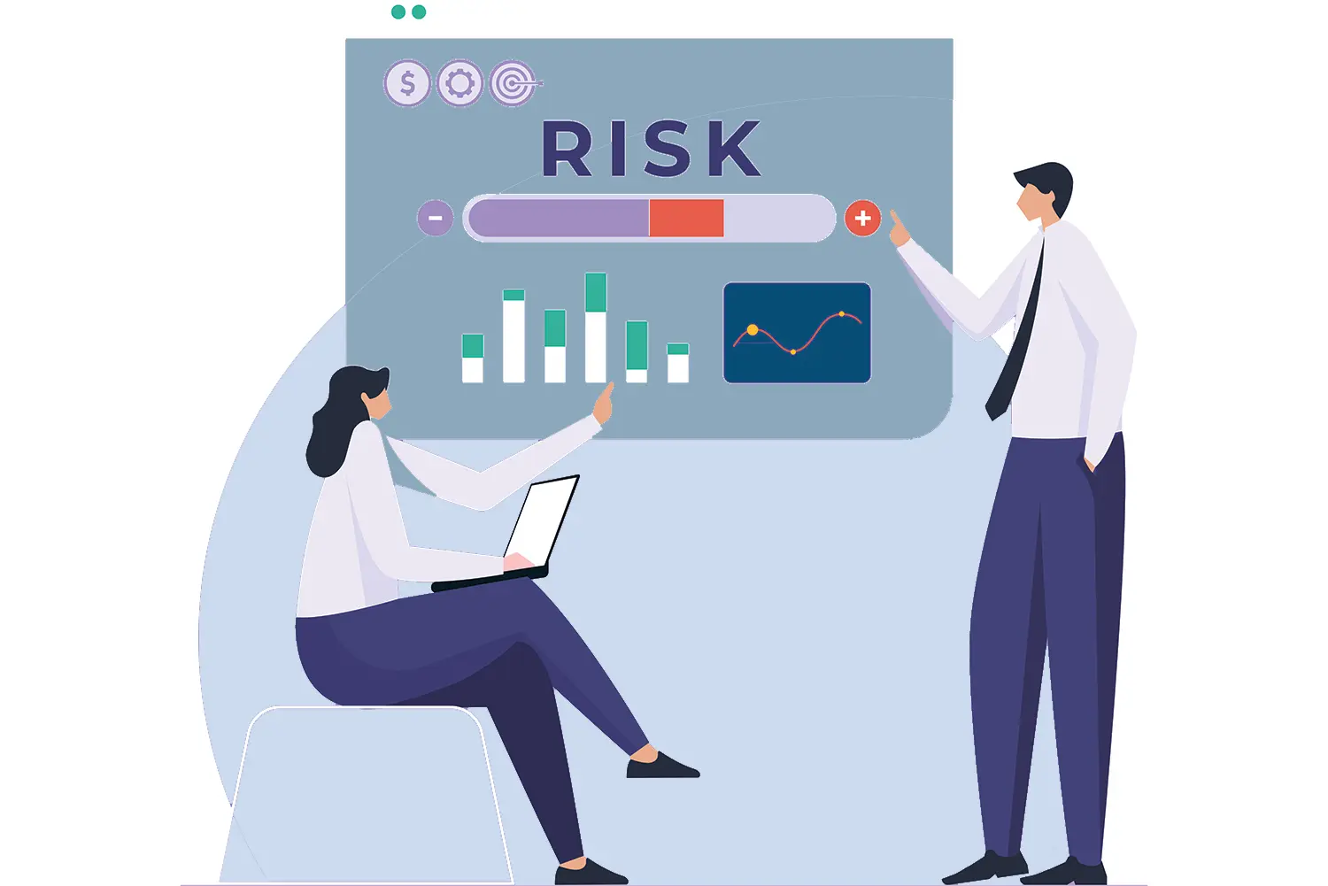 illustration of two coworkers reviewing risk assesement data