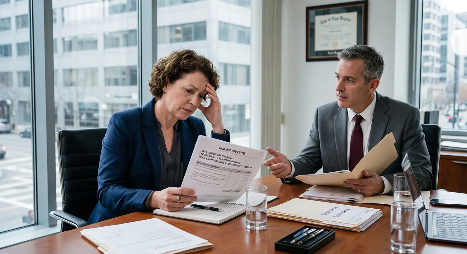 a business owner receiving the invoice from their lawyer after settling an accessibility lawsuit