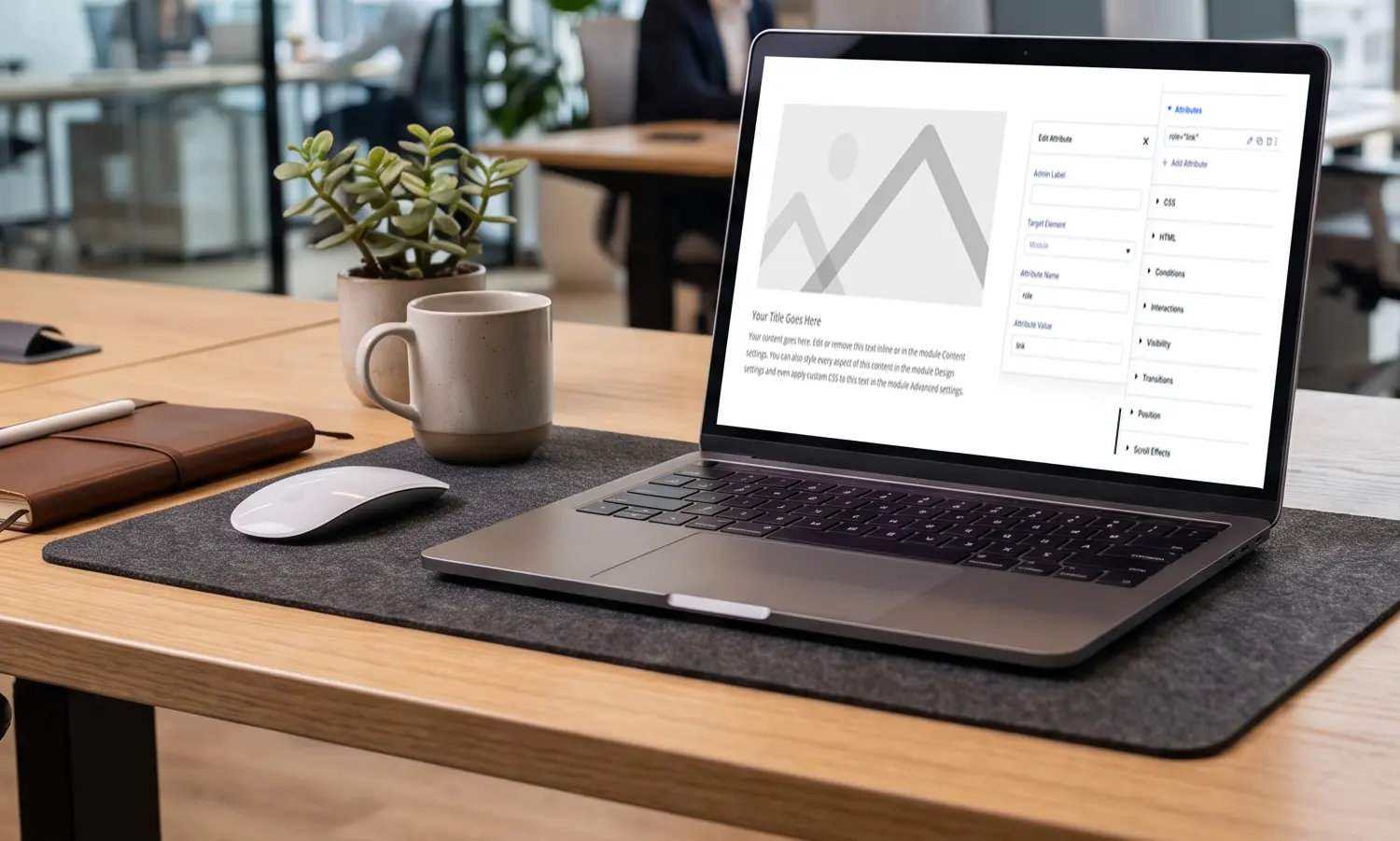 laptop sitting on a desk. On the screen is the Divi Elements admin UI