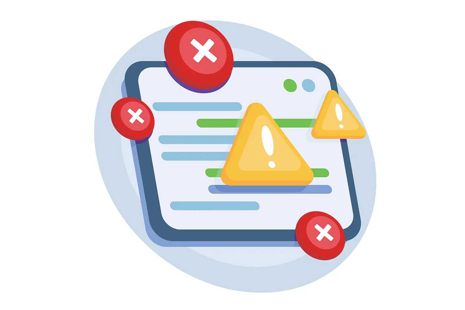 illustration of web page content with error and warning icons
