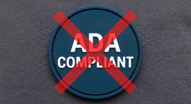 Badge that says ADA compliant with a red X overtop