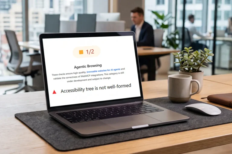 Laptop screen with an agentic browsing score of 1 of 2 and an error message that the accessibility tree is not well formed