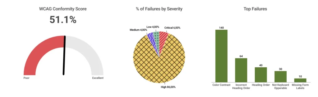 graphs showing a 51% WCAG conformity score, 86% of errors are classified as High severity and color contrast issues are the most numerous type of error