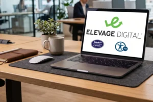 A computer sitting on a desk. On the screen is the Elevage Digital logo, the CPWA logo and the Fix Divi A11y logo