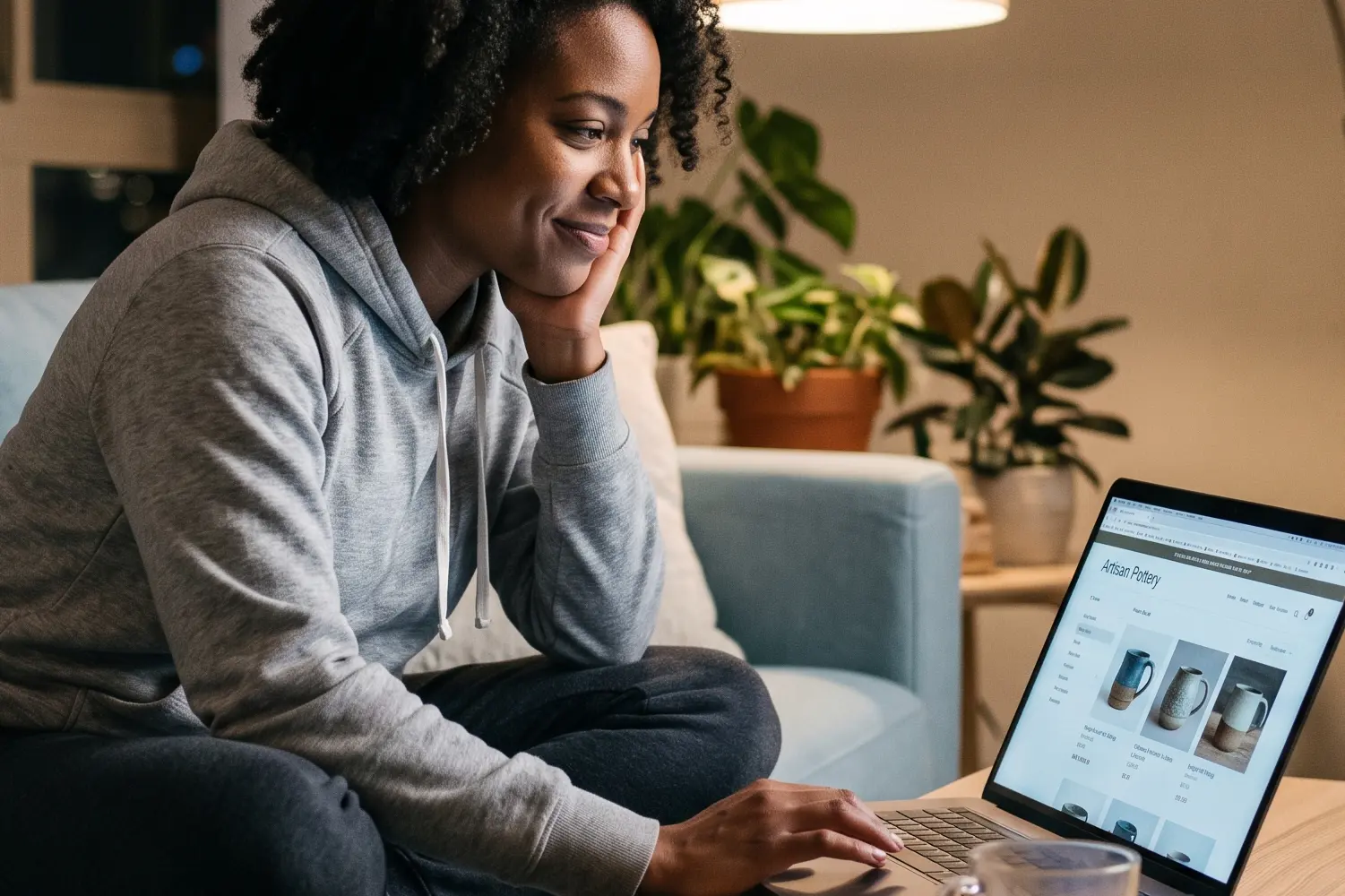 a woman sitting on her couch shopping online