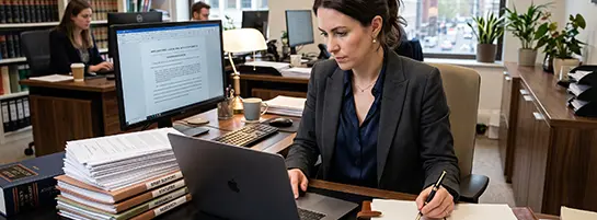 a lawyer writing a legal document at her desk. There are two computer monitors and a stack of legal books on her desk.