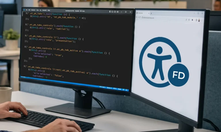 two computer monitors with javascript code and the Fix Divi A11y logo