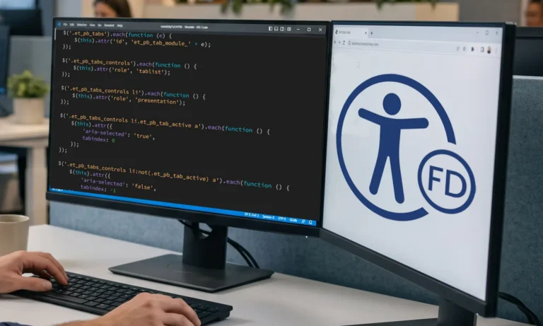 two computer monitors with javascript code and the Fix Divi A11y logo