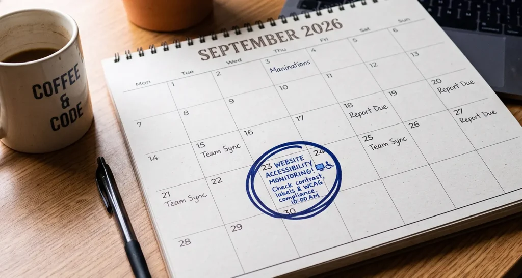 A desk calendar with Sept 23 circled with the note Website Accessibility Monitoring