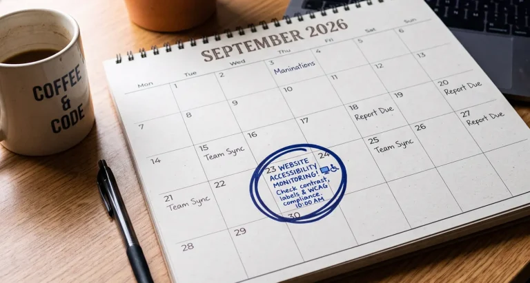 A desk calendar with Sept 23 circled with the note Website Accessibility Monitoring