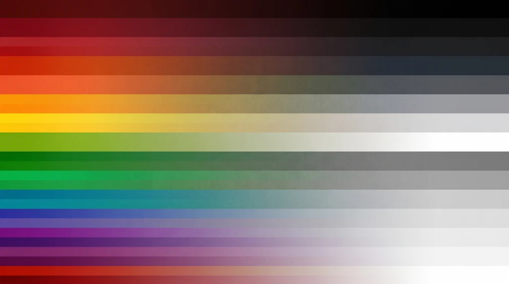 horizontal bands of color fade to shades of black, grey and white