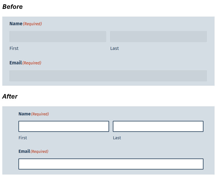 form fields with medium grey background next to light grey surrounding color before updates and white background with dark border after updates