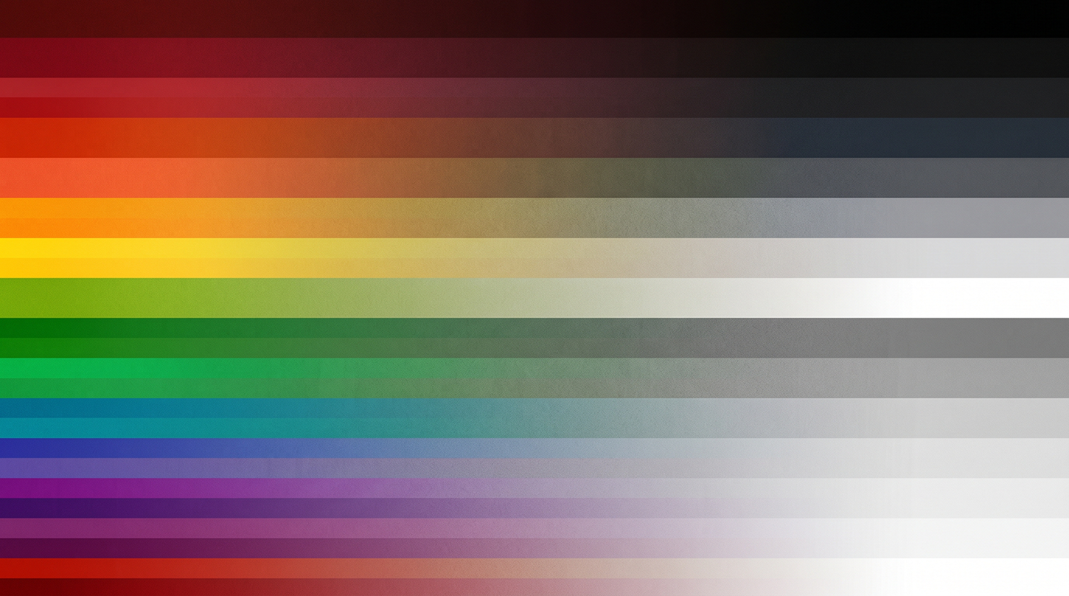 horizontal bands of color fade to shades of black, grey and white