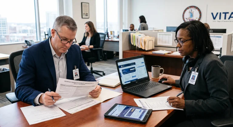 a business owner is looking at a VPAT document while a Virginia government procurement officer is evaluating an online product for accessibility