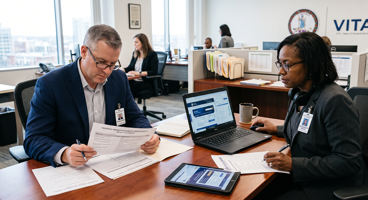 a business owner is looking at a VPAT document while a Virginia government procurement officer is evaluating an online product for accessibility